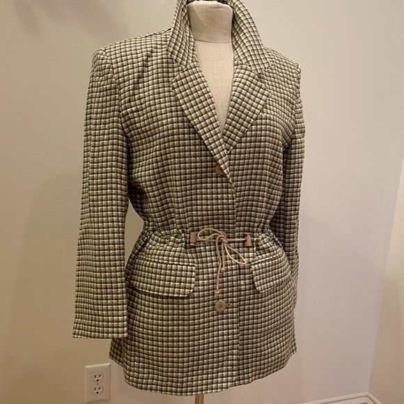 Jordan & Cole Womens Blazer w Ties to Cinch Waist / White, Green Tan Check / M - Picture 7 of 15